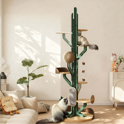 Cactus Cat Tree showcasing a sturdy design with two cats playing and lounging in a stylish living room setting.