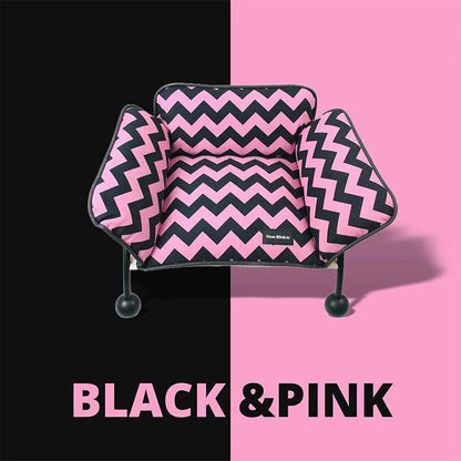 Memphis-Style Elevated Cat Hammock & Woven Wool Cat Cave in black and pink zigzag pattern.