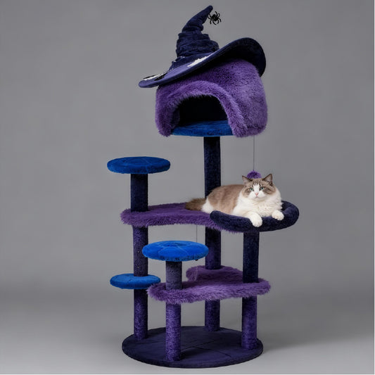 Purple Halloween Cat Tree – Indoor Multi-Level Tower with Witch-Hat Bed for Play