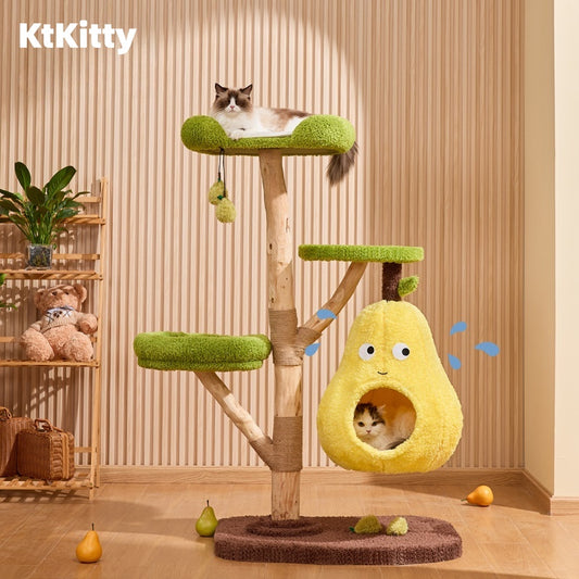 Unique Pear Cat Tree Tower: Natural Wood with All-Season Cat Bed
