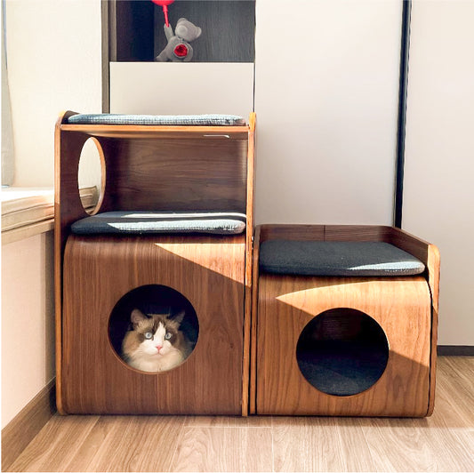 Wooden Square Cat House – Indoor Cat Den, Table & Stool for Cats