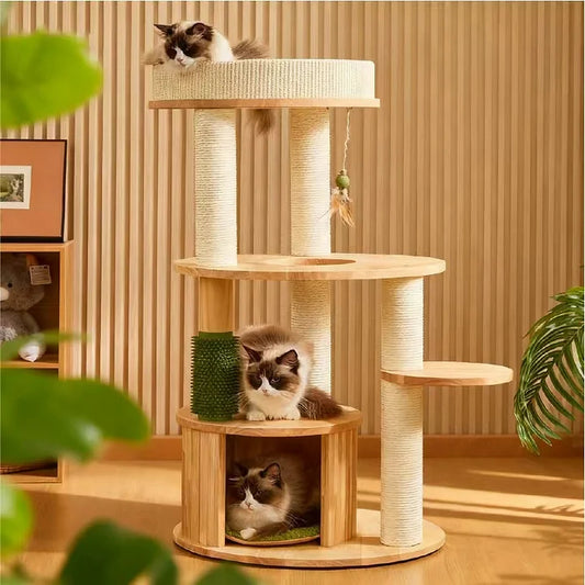 Solid Oak Multi-Level Cat Tree – Indoor Tower for Small & Short-Legged Cats