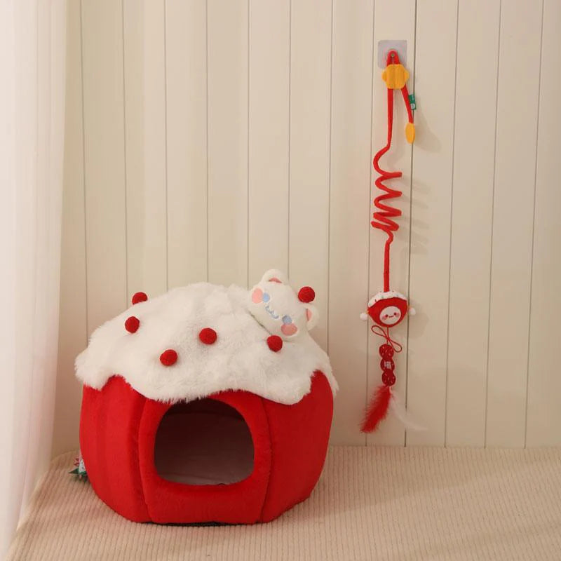 Snowball & Strawberry Cat Cave Bed — Soft & Cozy design featuring a red strawberry-shaped cave with a fluffy white top.
