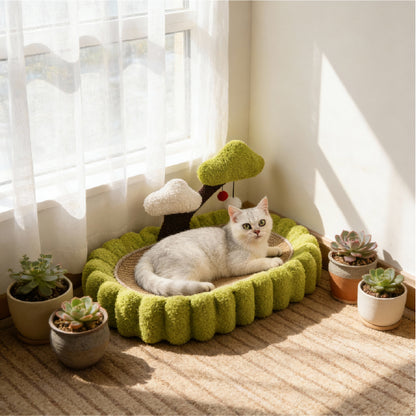 Cozy Cat Scratching Bed for Sleeping and Claw Care, featuring Solid Wood Rattan Cat Tree Tower design with tree and soft cushion.
