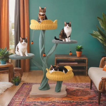 Large 17.7-Inch Diameter Platforms ¨C Yellow Tulip Cat Tree -KtKitty