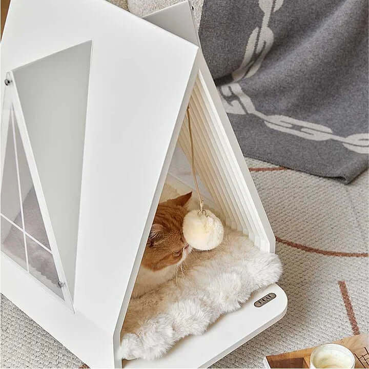 Cozy modern cat house with a relaxed cat inside, perfect indoor cat tree for climbing, scratching, and relaxing.