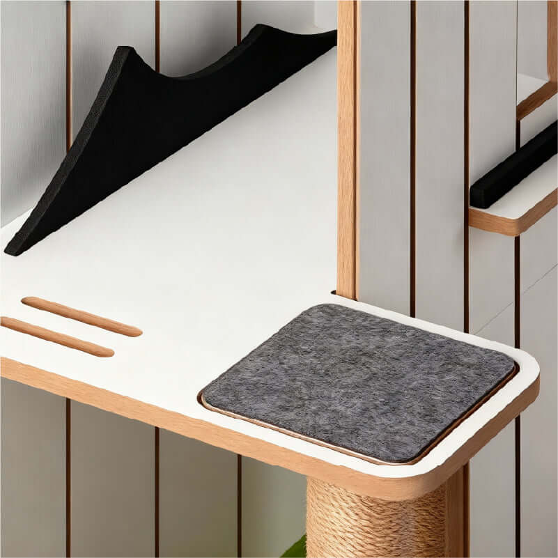 Chalet Tatzenstein Cat Tree close-up of cozy platform with soft pad for cats to rest and play.