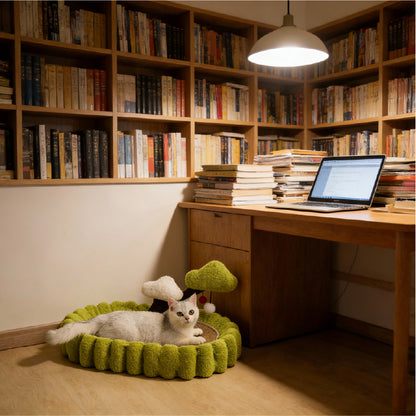 Cozy Cat Scratching Bed for Sleeping and Claw Care beside a desk in a library setting with a cat relaxing.