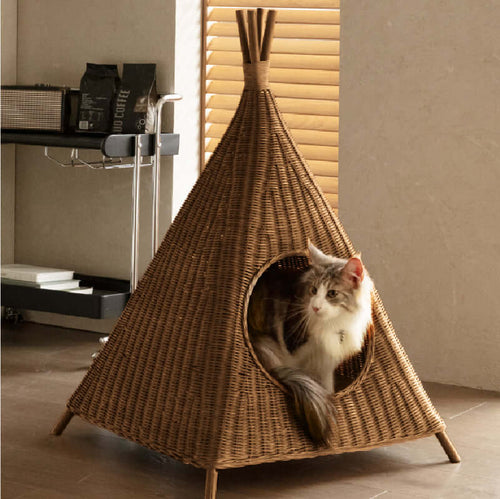 Natural Rattan Cat House – A Cozy Safe Home for Your Cat with a cat relaxing inside.