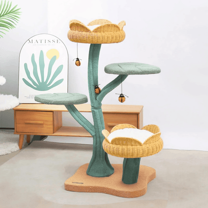Yellow Tulip Cat Tree – Sturdy & Elegant - multi-level cat tree with flower-shaped platforms for climbing and resting.