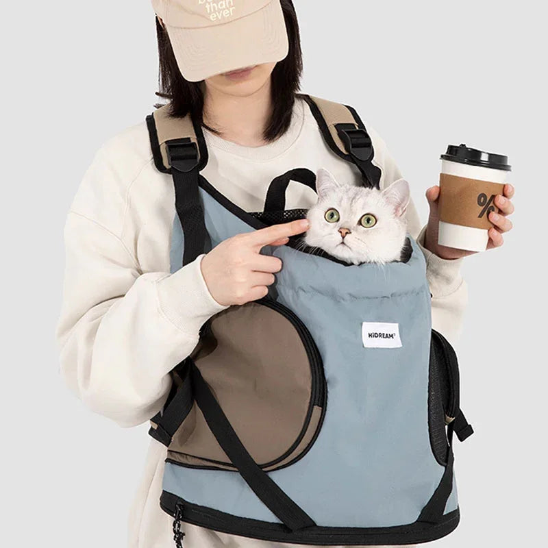 Luxury Cat Carrier Backpack – Breathable Front Pack for Travel & Daily Use with a cat inside.