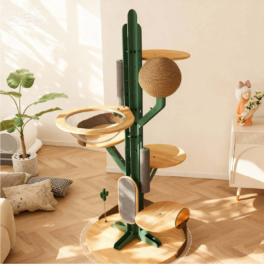 Cactus Cat Tree with modular platforms and durable materials for multi-cat homes, featuring a sturdy steel frame.