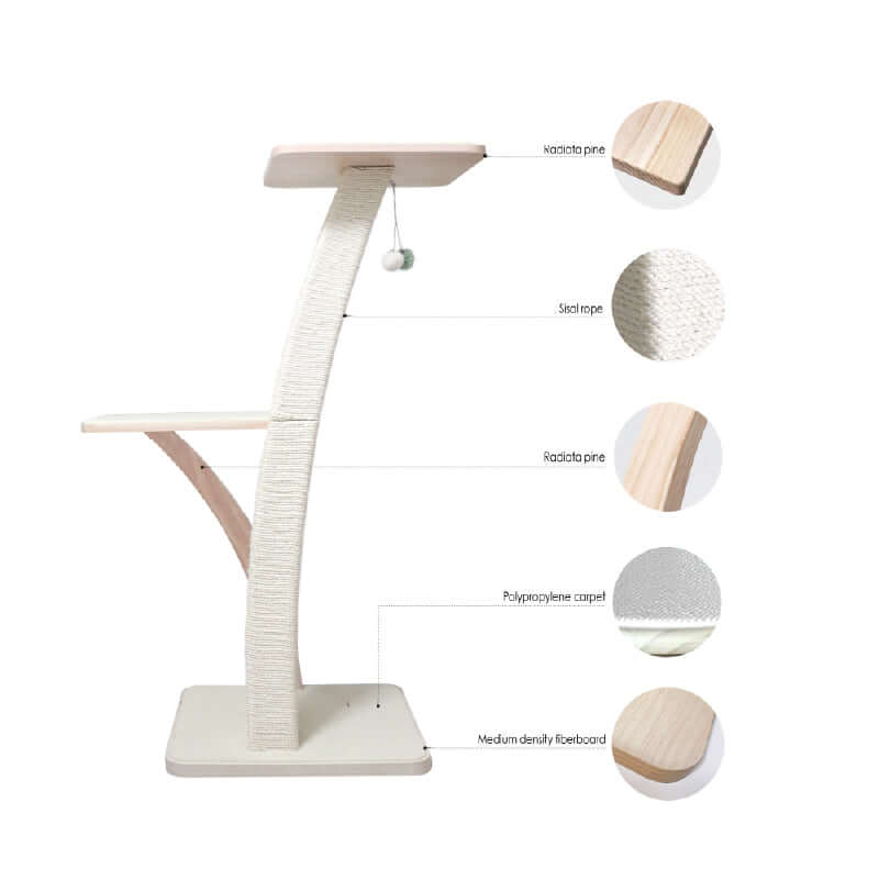 Solid Wood Cat Tree structure with natural materials including kapur wood, sisal rope, and polyester carpet.