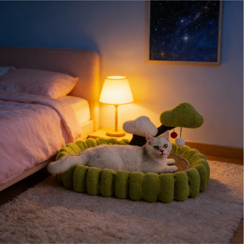 Cozy Cat Scratching Bed for Sleeping and Claw Care with Solid Wood Rattan Cat Tree Tower in a stylish indoor setting.