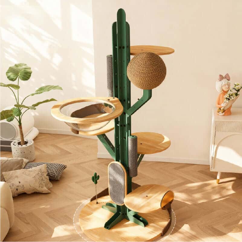 Cactus Cat Tree with modular platforms and durable materials for multi-cat homes, featuring a sturdy steel frame.