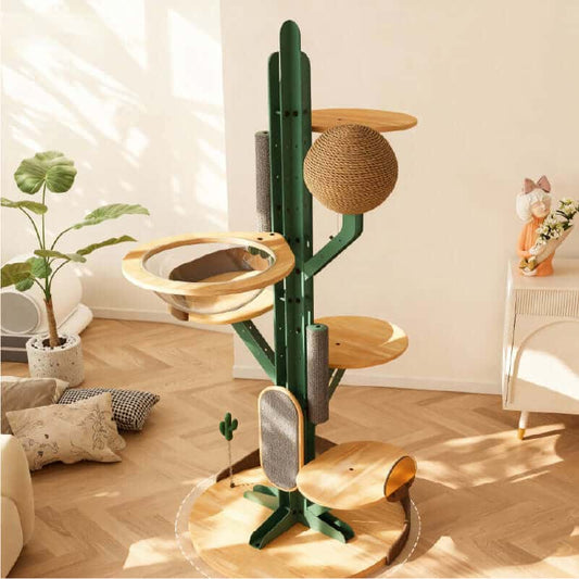 Cactus Cat Tree with modular platforms and durable materials for multi-cat homes, featuring a sturdy steel frame.