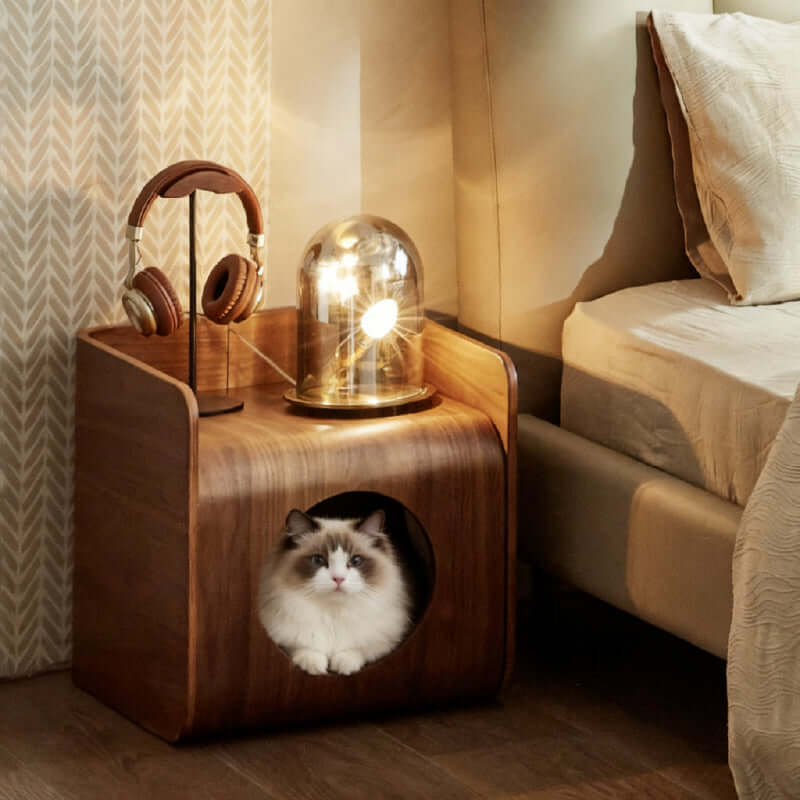 Wooden Square Cat House – Indoor Cat Den, Table & Stool for Cats