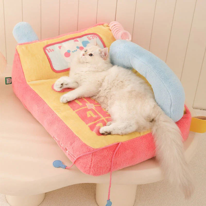 Kawaii Phone Sofa Bed for Cat – Cute & Cozy Lounge for Your Kitty, featuring a lounging cat on a colorful pet bed.
