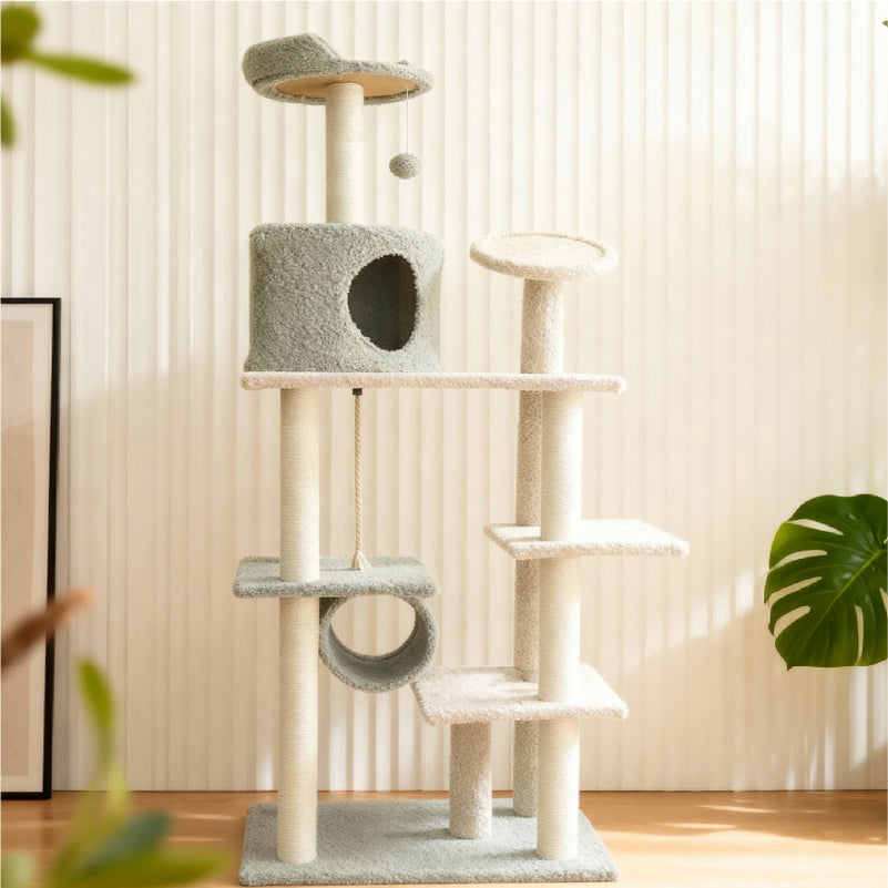 Fun and Cozy Cat Tree for Large Cats displaying a multi-level design with scratching posts and relaxation areas.