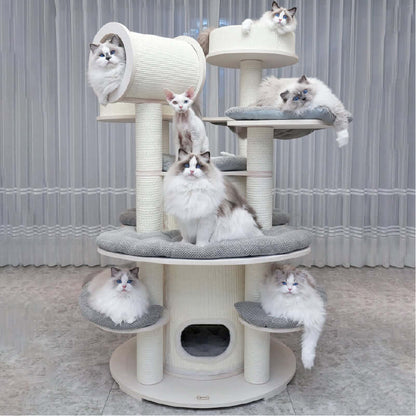 Luxury Multi-Level Cat Tower for Indoor Cats with multiple cats enjoying the soft lounges and climbing areas.