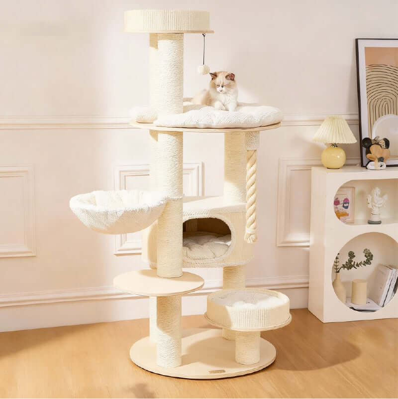The Perfect Cat Tree for Play and Rest featuring spacious platforms and a cozy cat lounging.