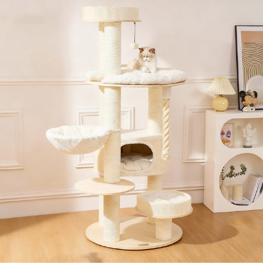 The Perfect Cat Tree for Play and Rest featuring spacious platforms and a cozy cat lounging.