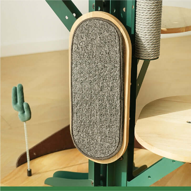 Cactus Cat Tree scratching surface with a grey fabric and wooden frame, part of a multi-cat furniture setup.