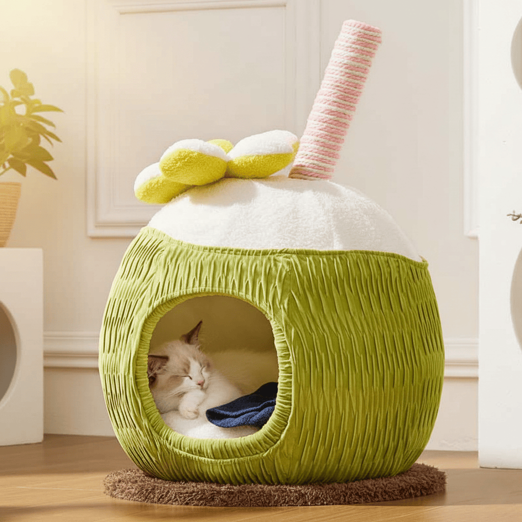 A cozy coconut-shaped kitten bed featuring a safe first nest design with non-toxic materials and washable covers for a healthy nurturing environment.