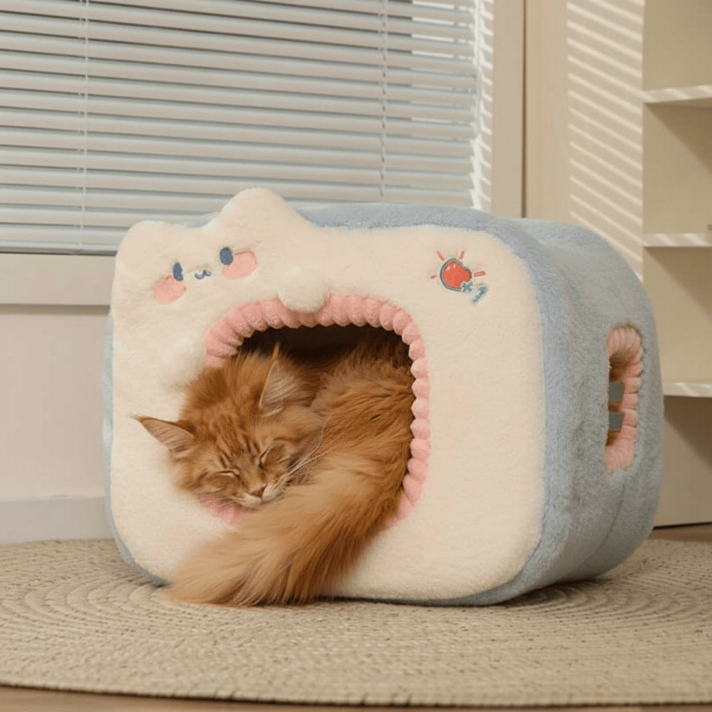 A ginger kitten sleeping in a cozy cube-shaped kitten bed with plush thermal insulation for warmth and healthy growth support.