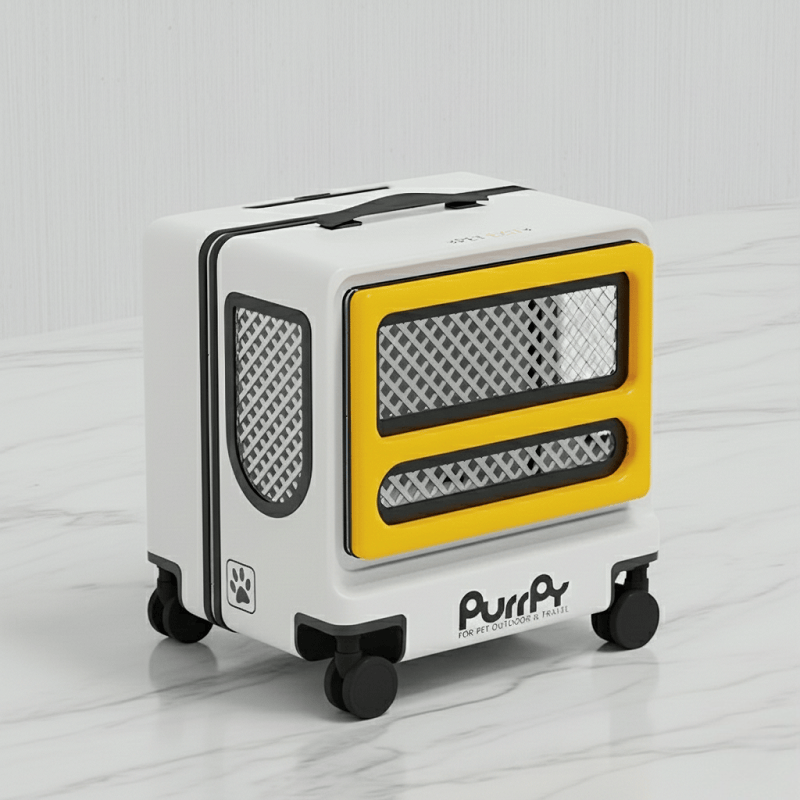 KtKitty Cat Carrier Trolley with Wheels in a modern white and yellow design. This portable pet travel crate features smooth-rolling wheels, a sturdy handle, and mesh ventilation windows