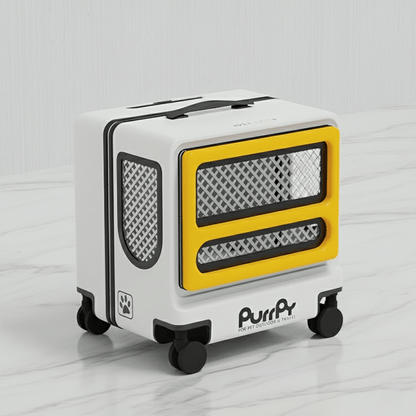 KtKitty Cat Carrier Trolley with Wheels in a modern white and yellow design. This portable pet travel crate features smooth-rolling wheels, a sturdy handle, and mesh ventilation windows