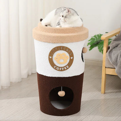 Creative cat tree designed like a coffee cup for cats to climb and play