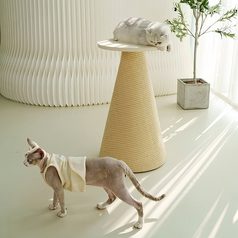 Compact and flexible cat tower structure with a conical post for climbing and play.