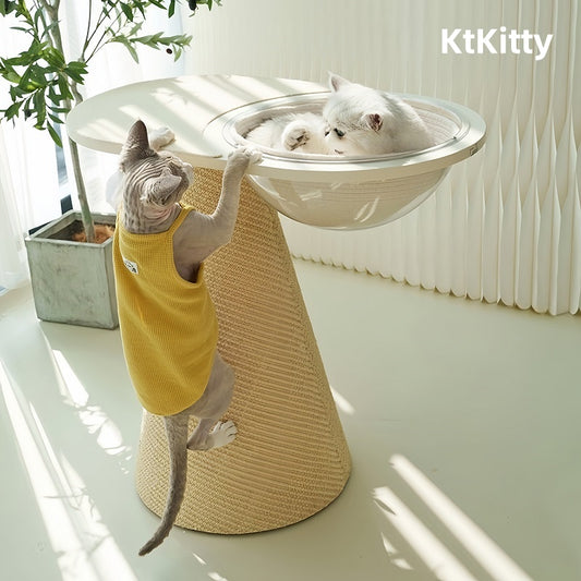 Transparent acrylic space capsule with a cozy semi-enclosed design for cat resting.