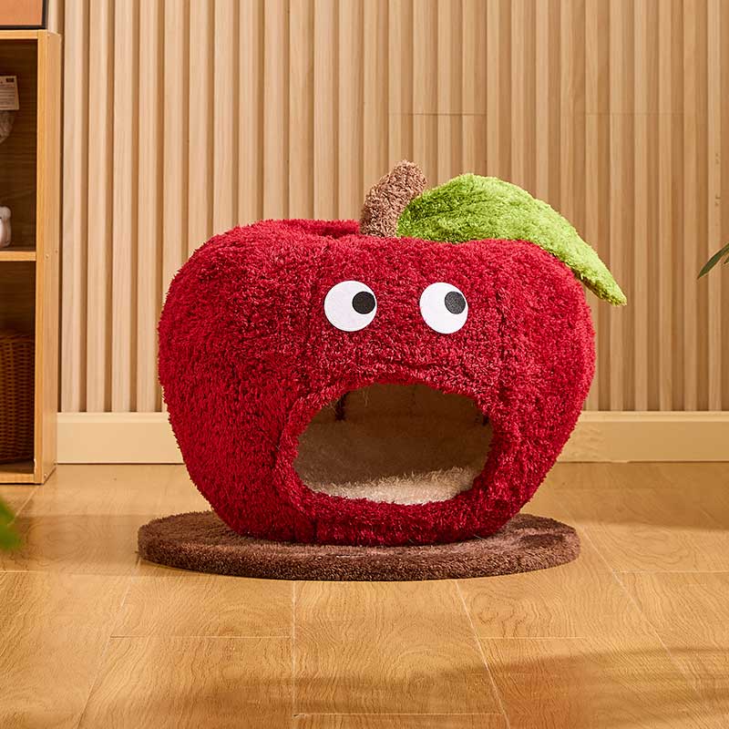 Apple Cat Cave Bed — Cozy, Cute, and Safe featuring a soft, apple-shaped cat cave with a green leaf and eyes.