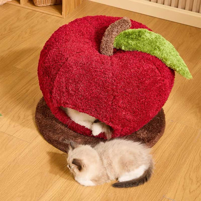 Apple Cat Cave Bed — Cozy, Cute, and Safe with a cat inside and another cat playing on the side.