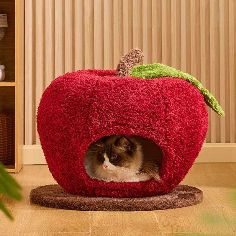 Apple Cat Cave Bed — Cozy, Cute, and Safe with a cat resting inside the apple-shaped cave.