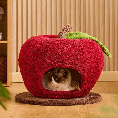 Apple Cat Cave Bed — Cozy, Cute, and Safe with a cat resting inside the apple-shaped cave.