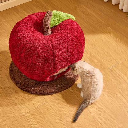 Apple Cat Cave Bed — Cozy, Cute, and Safe for cats to sleep and hide in, featuring a bright red apple design.