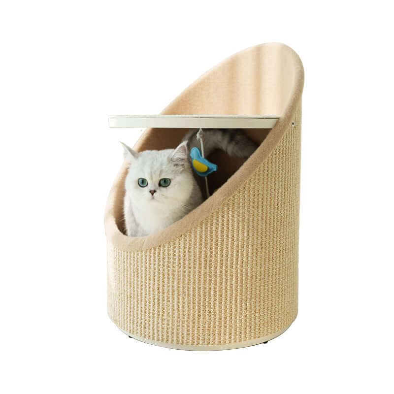 Exterior fully wrapped with 360-degree, double-layer thick woven sisal, providing extensive and durable scratching areas for cats.