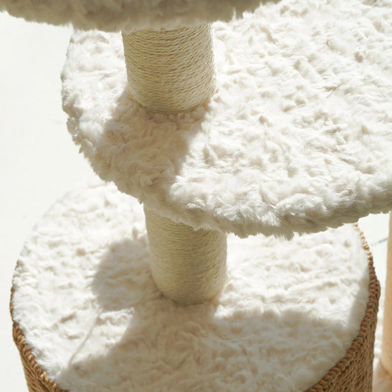 Milk Cloud Cat Tree ¨C Plush Rabbit Fur and Handmade Rattan Design for Comfortable Cat Climbing and Resting.