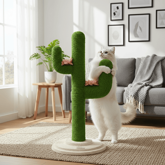 KtKitty Blooming Cactus Cat Tree in a realistic modern living room, featuring vibrant green cactus scratching posts with pink flower perches and a grey cat resting inside the base.