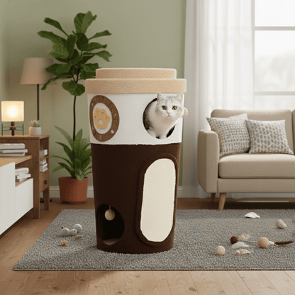 Coffee Cup Cat Tree Haven standing in a sunlit corner of a modern living room. The warm natural light highlights the raw wood texture of the cat tower and the soft cream-colored fabric of the lounging cups, surrounded by organic home decor and subtle shadows.