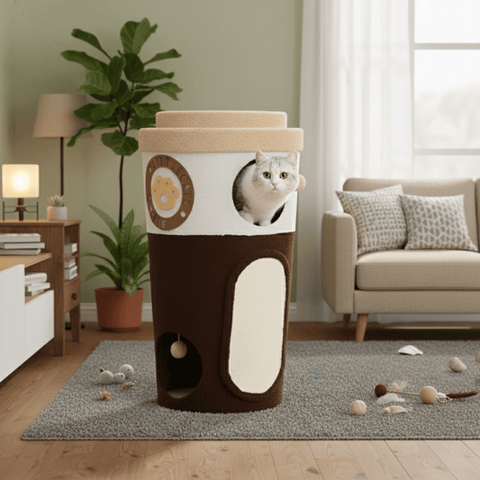 Coffee Cup Cat Tree Haven standing in a sunlit corner of a modern living room. The warm natural light highlights the raw wood texture of the cat tower and the soft cream-colored fabric of the lounging cups, surrounded by organic home decor and subtle shadows.