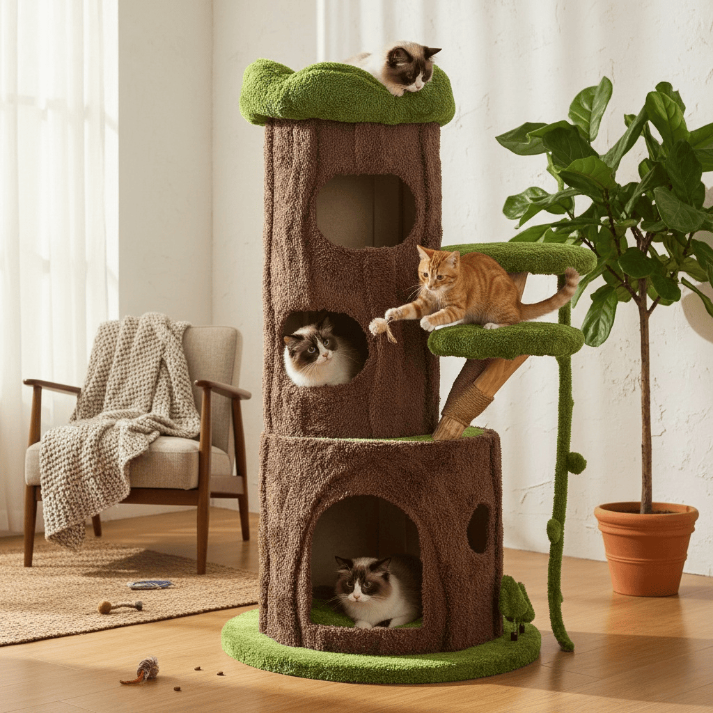 KtKitty Jungle Cave Large Cat Tree for Big Cats in a natural home setting with realistic lighting, featuring a sturdy multi-level design with a moss-green scratching cave and a cozy perch for heavy cats.