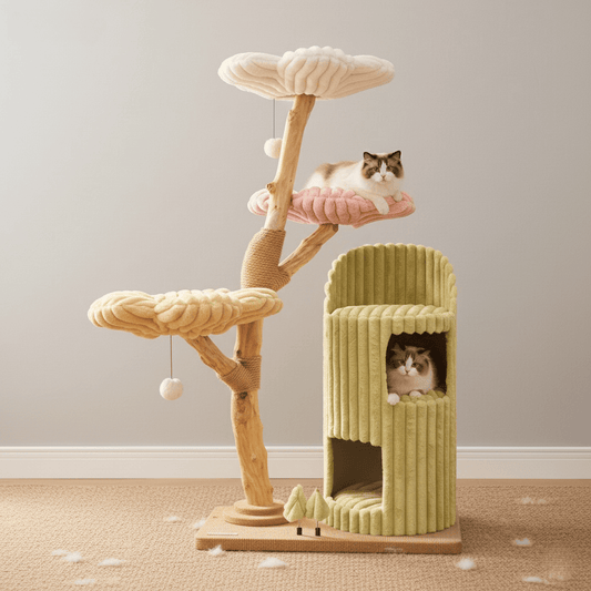 KtKitty Luxury Flower Cat Tree Tower featuring vibrant floral perches and a green scratching post, captured in a clean, realistic indoor setting with natural lighting and a focused, non-cluttered background