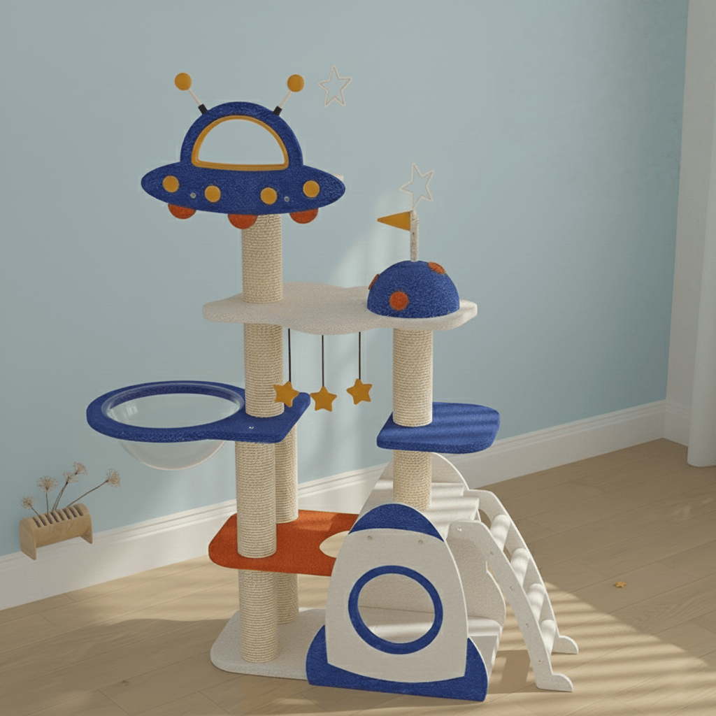 A realistic camera shot of the KtKitty Meow Planet Cat Tree Tower against a simple solid-colored wall. The photo highlights the planet-themed spherical cat beds and multi-level design with authentic indoor lighting and natural textures.