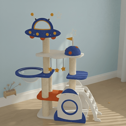 A realistic camera shot of the KtKitty Meow Planet Cat Tree Tower against a simple solid-colored wall. The photo highlights the planet-themed spherical cat beds and multi-level design with authentic indoor lighting and natural textures.