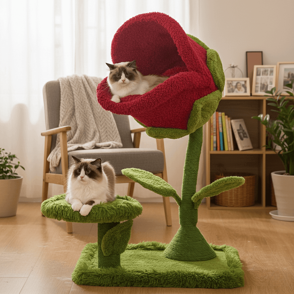 A high-quality realistic photo of the KtKitty Monster Bloom Playful Climbing Tree in a cluttered but cozy living room, showing its colorful monster-themed design with a cat resting near the floral accents, captured with natural camera lighting.