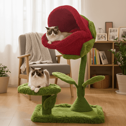 A high-quality realistic photo of the KtKitty Monster Bloom Playful Climbing Tree in a cluttered but cozy living room, showing its colorful monster-themed design with a cat resting near the floral accents, captured with natural camera lighting.